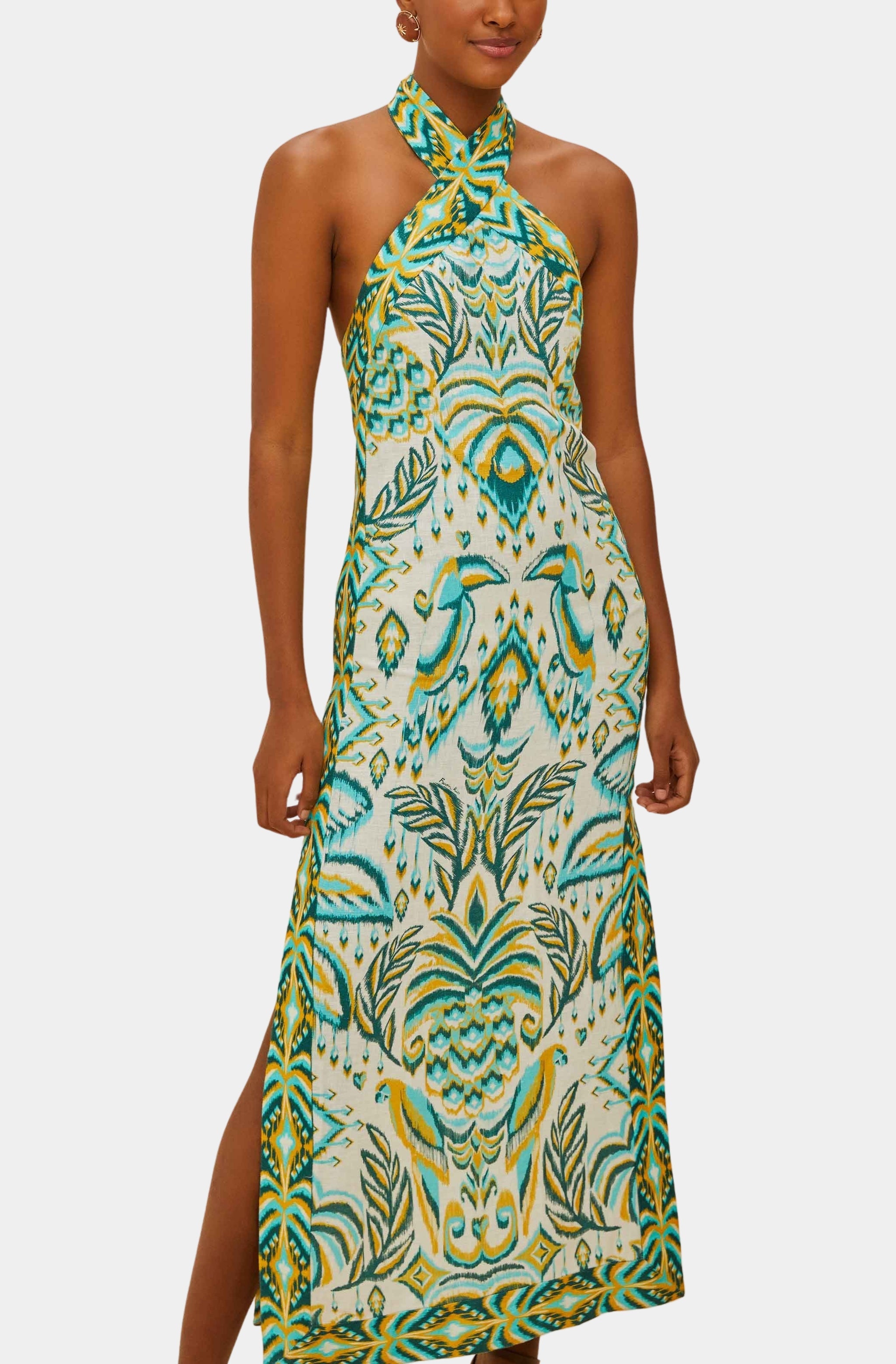 Tropical Tapestry Off-White Halter Neck Maxi Dress