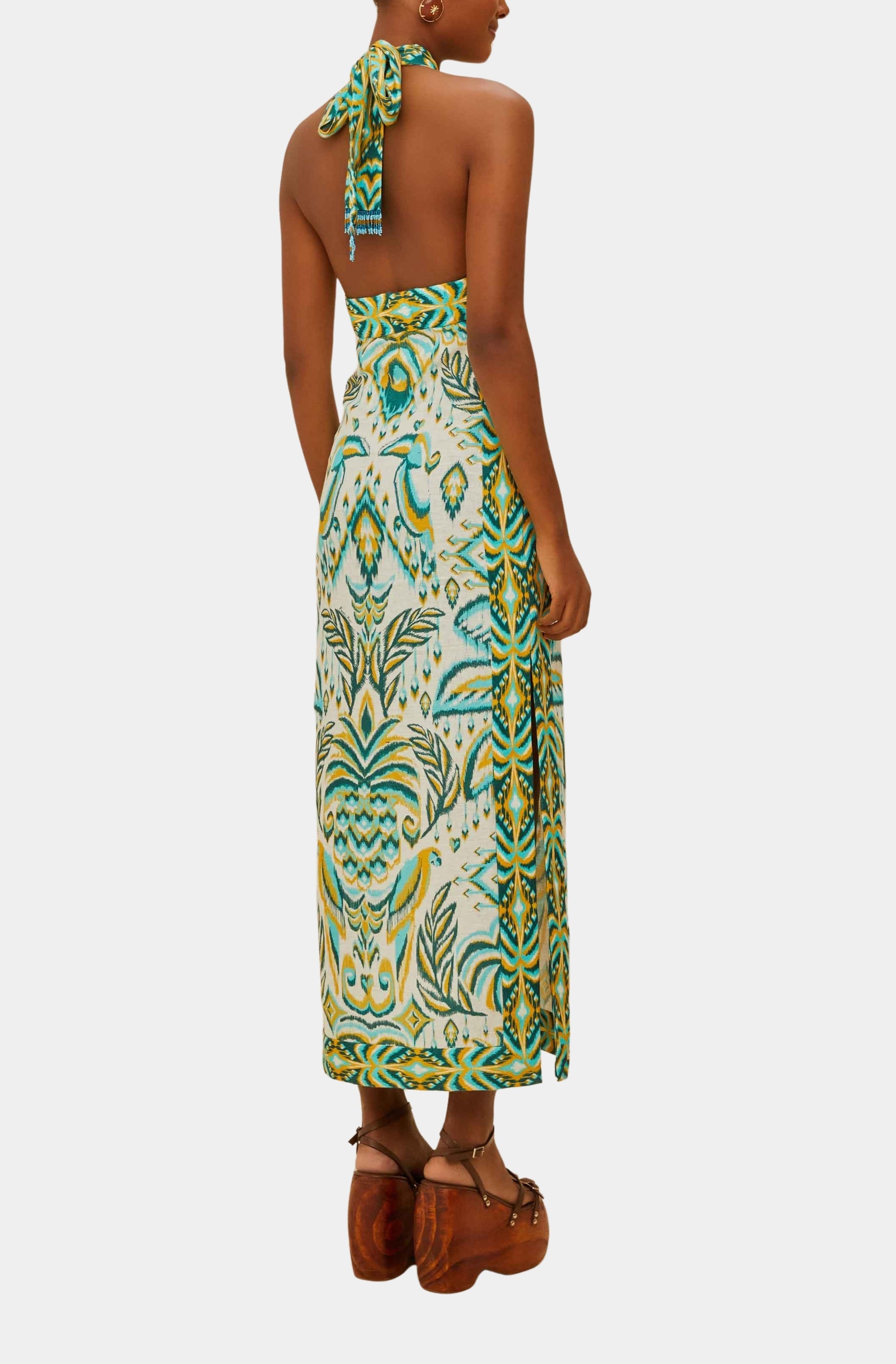 Tropical Tapestry Off-White Halter Neck Maxi Dress