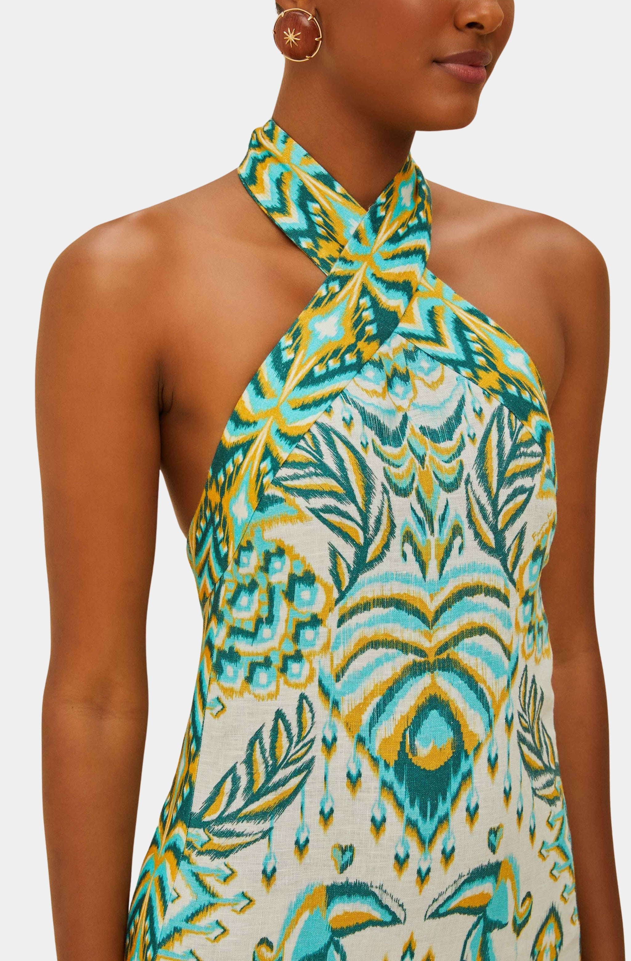 Tropical Tapestry Off-White Halter Neck Maxi Dress