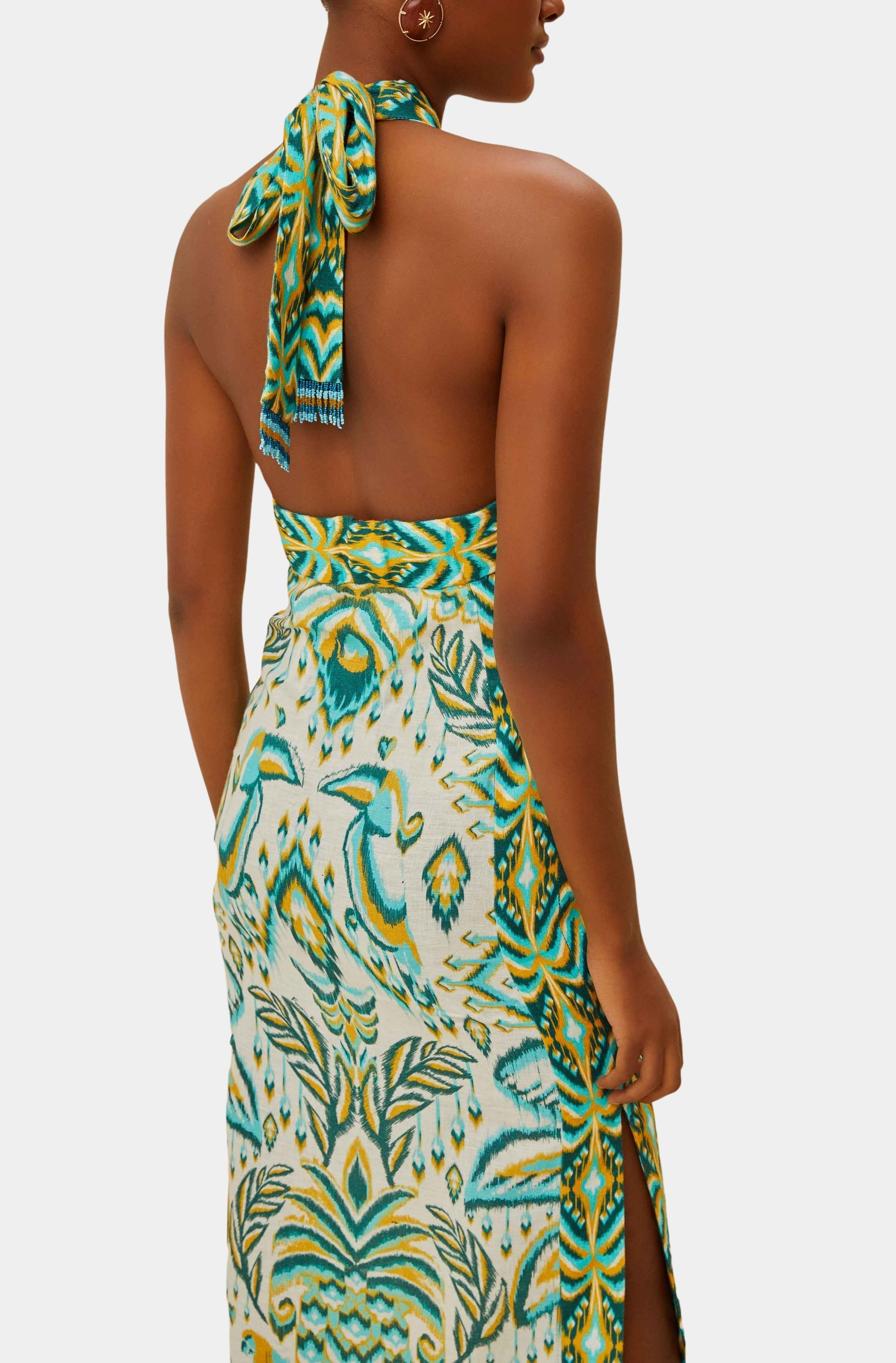 Tropical Tapestry Off-White Halter Neck Maxi Dress