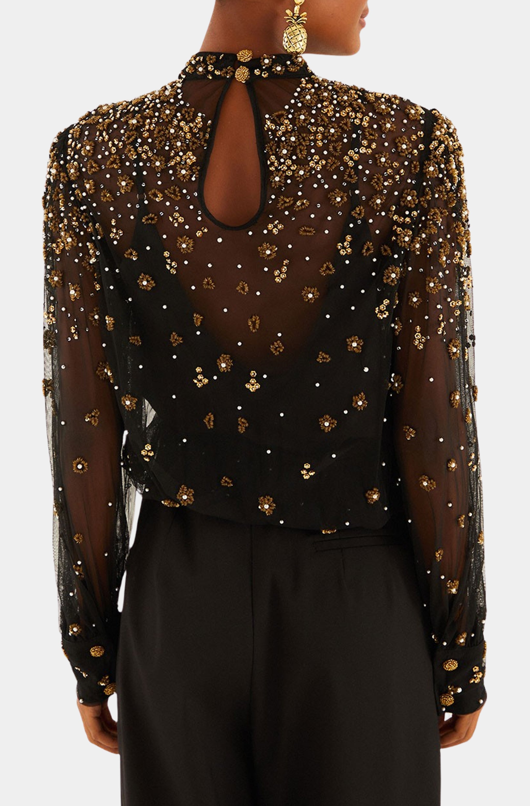 Embroidered Bubble Tulle Black Blouse