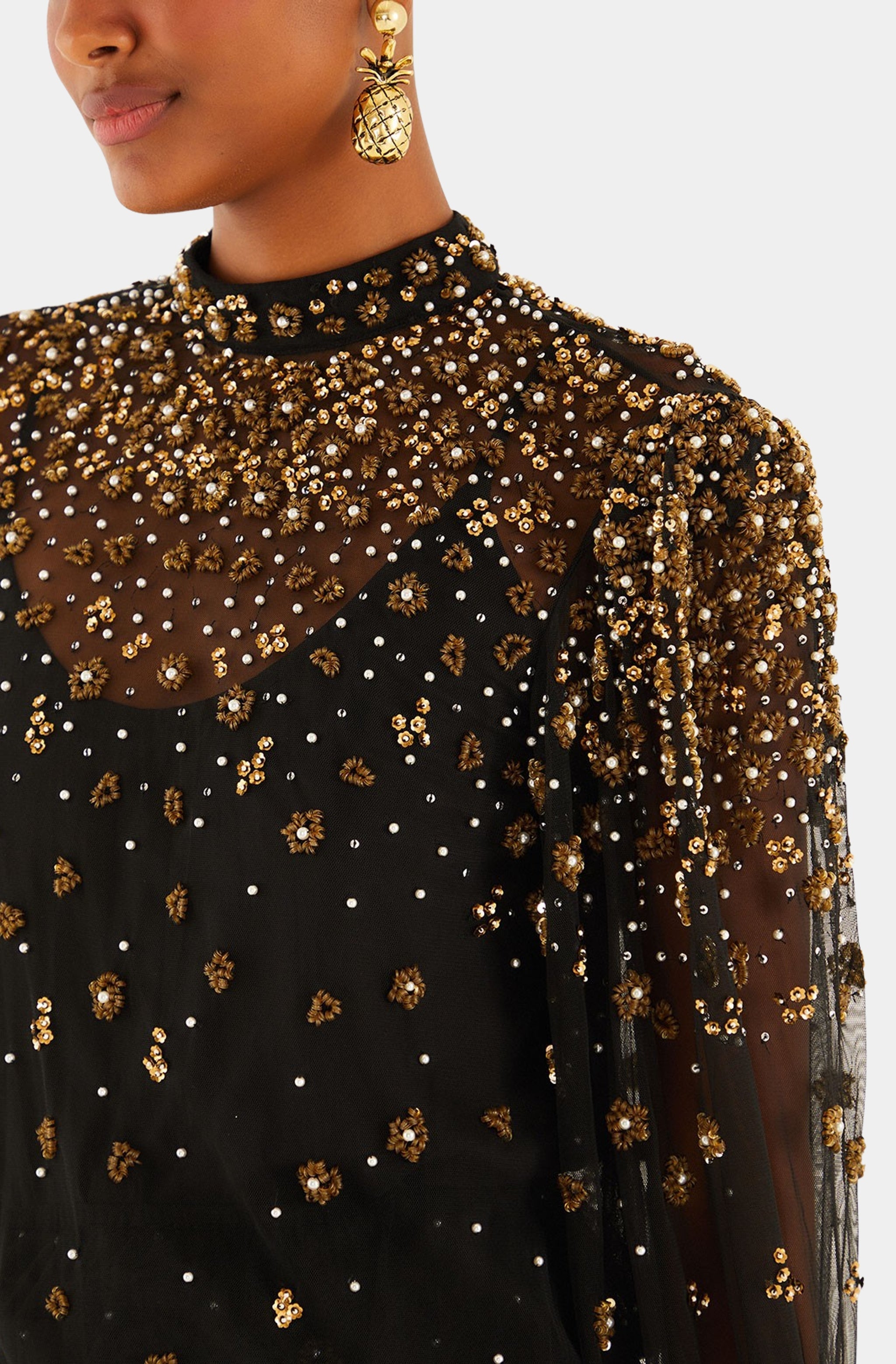 Embroidered Bubble Tulle Black Blouse