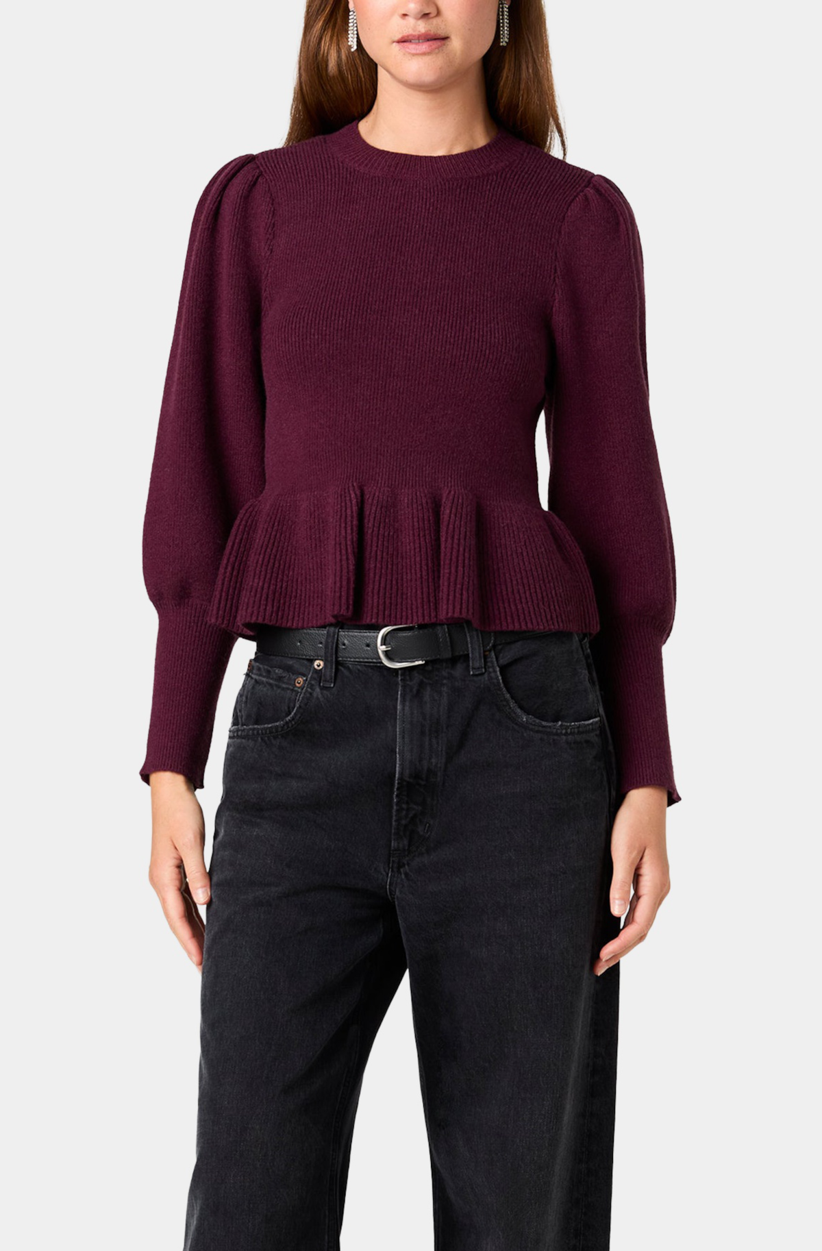 Sloane Knit Balloon Sleeve Peplum Pullover in Black Cherry – front view